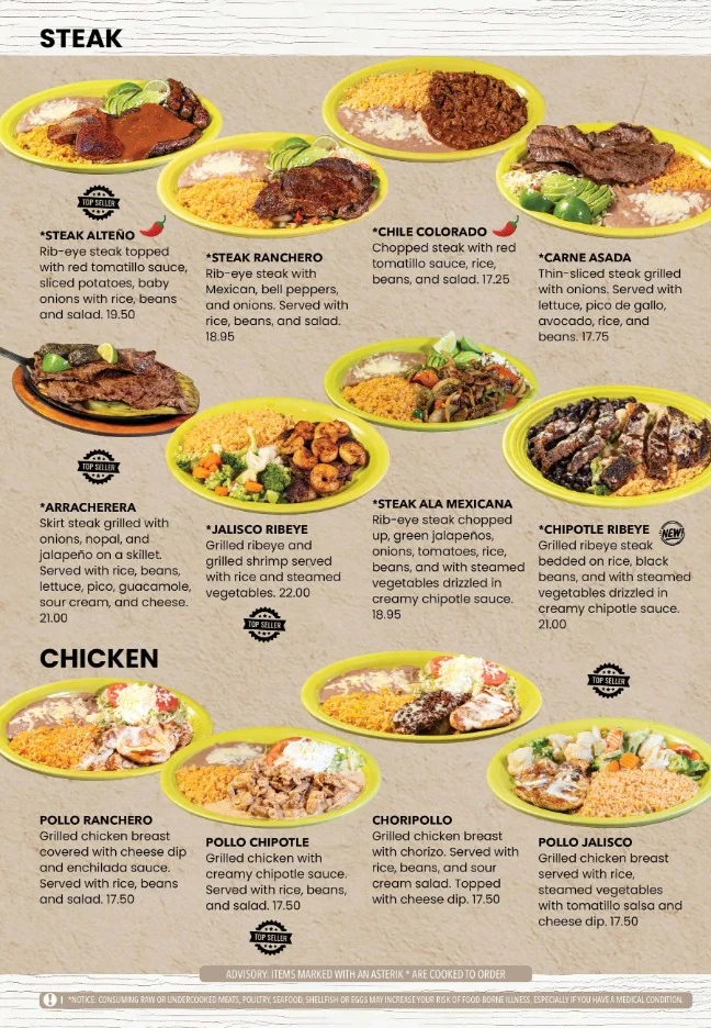 Variety of Mexican steak dishes served with rice and beans
