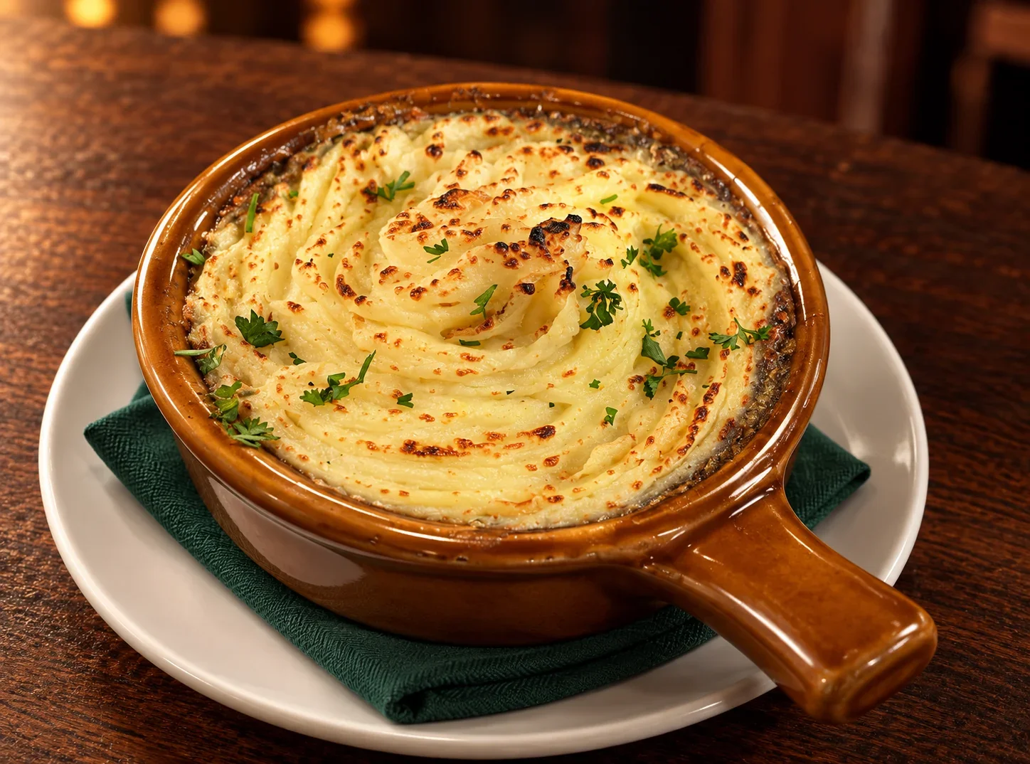 Home-made Shepherd’s pie topped with golden-brown mashed potatoes at Gus’ Snug Irish Pub.
