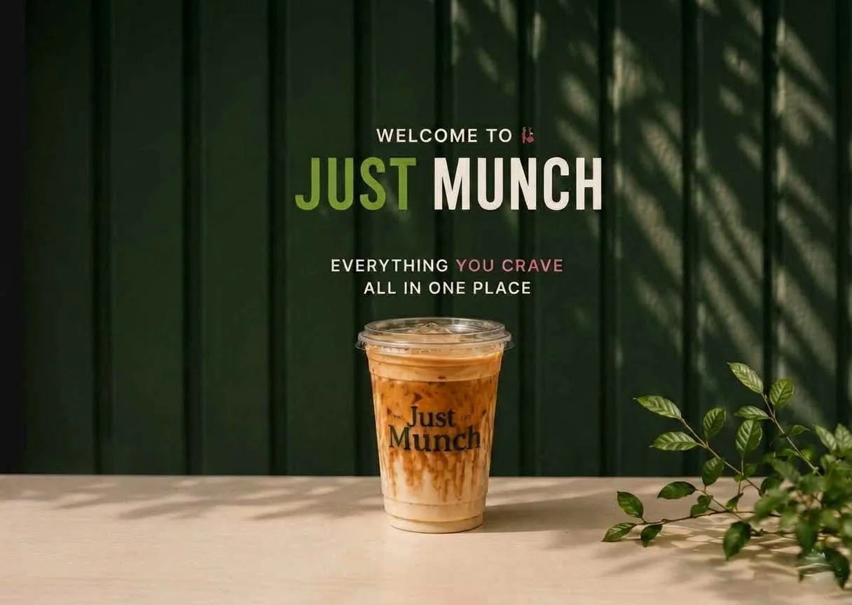 Iced coffee drink in a clear cup at Just Munch cafe