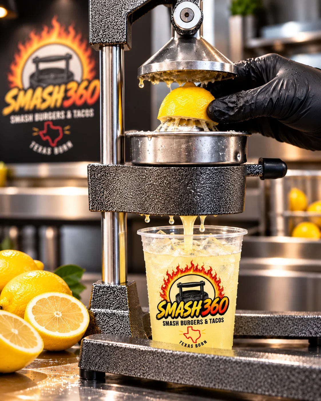Fresh lemonade being pressed with a commercial citrus juicer