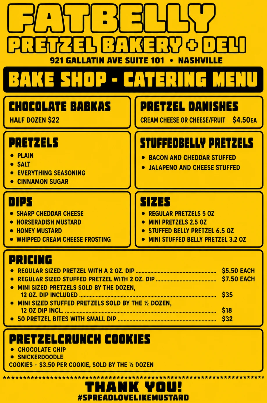 Catering menu for pretzel bakery featuring various pretzel options