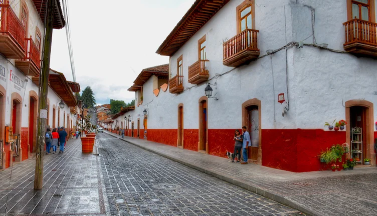 Charming street view of colorful colonial buildings in a quaint town