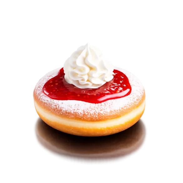 Strawberry Funnel Cake brioche donut with powdered sugar, strawberry compote, and whipped cream