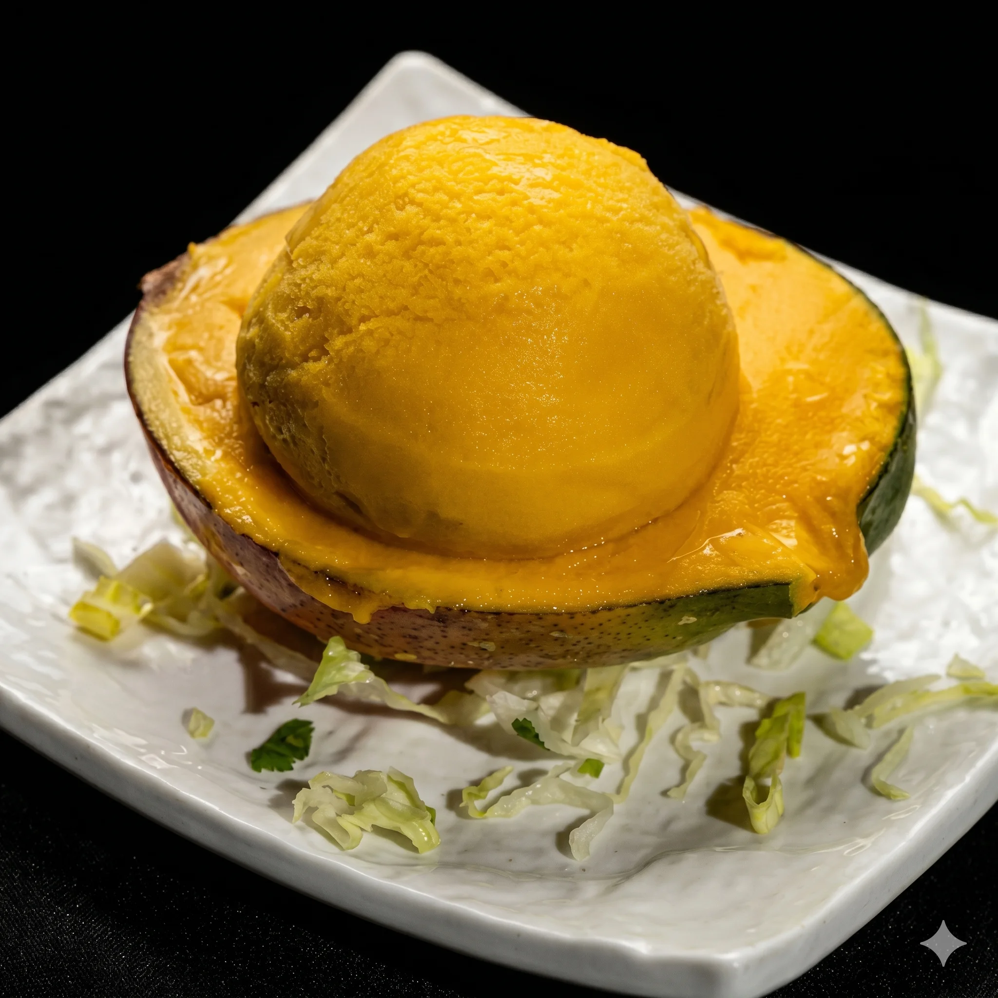 Mango sorbet served in a halved mango shell on a plate.