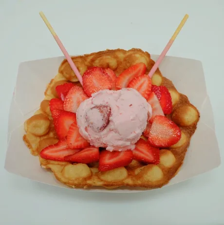 Hong Kong-style egg waffle with strawberries and ice cream
