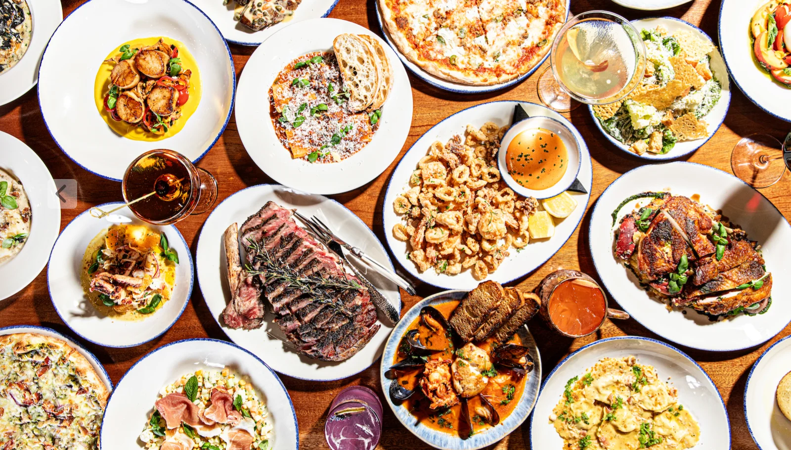 Assorted Italian dishes including pasta and seafood