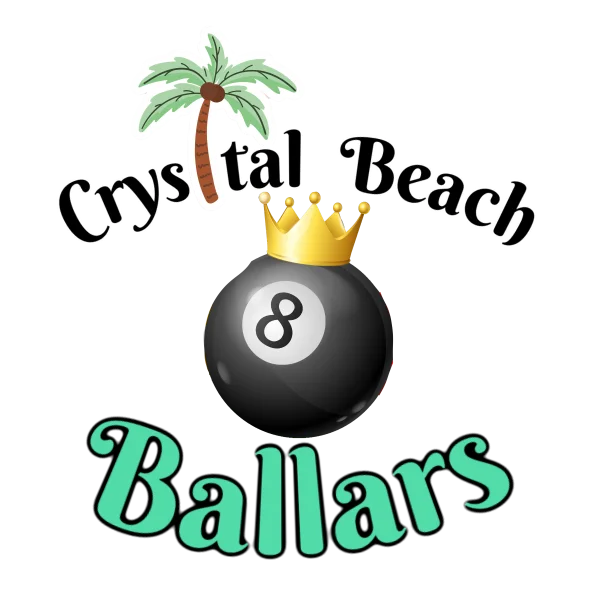 Logo for Crystal Beach Ballars featuring an 8-ball and palm tree.