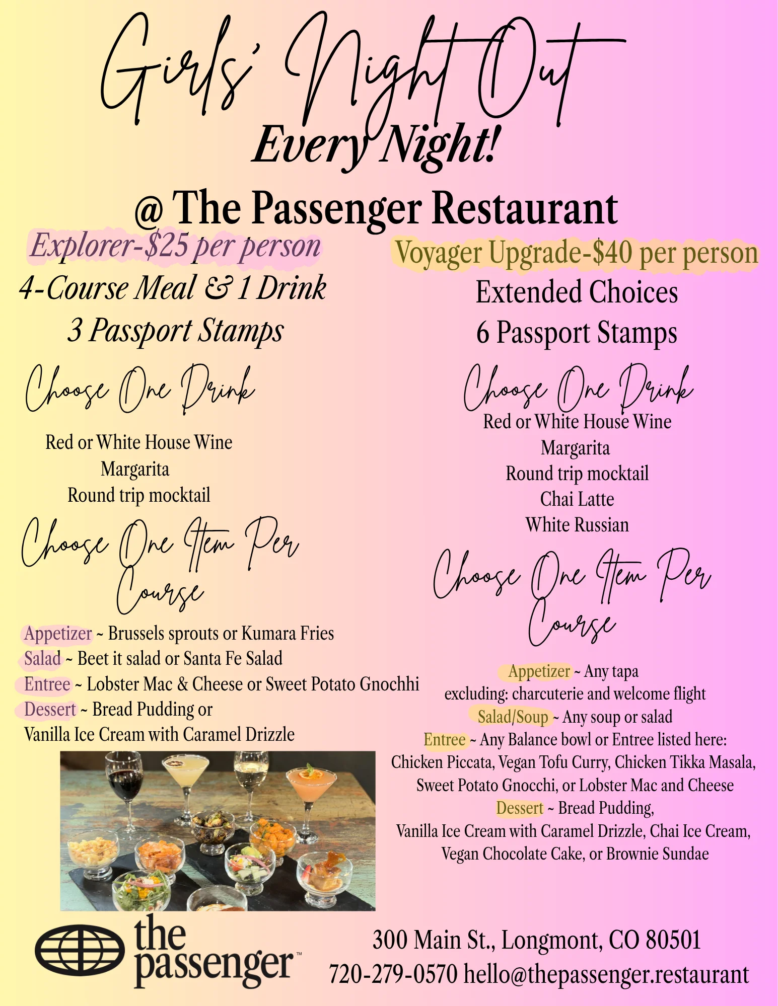 Promotional flyer for Girls' Night Out at The Passenger Restaurant