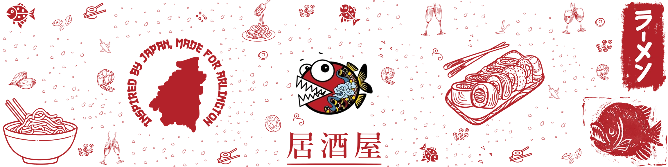 Japanese izakaya-themed illustration with ramen and sushi elements