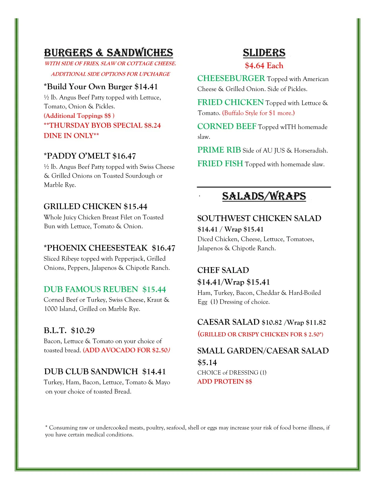 Menu featuring American burgers and sandwiches