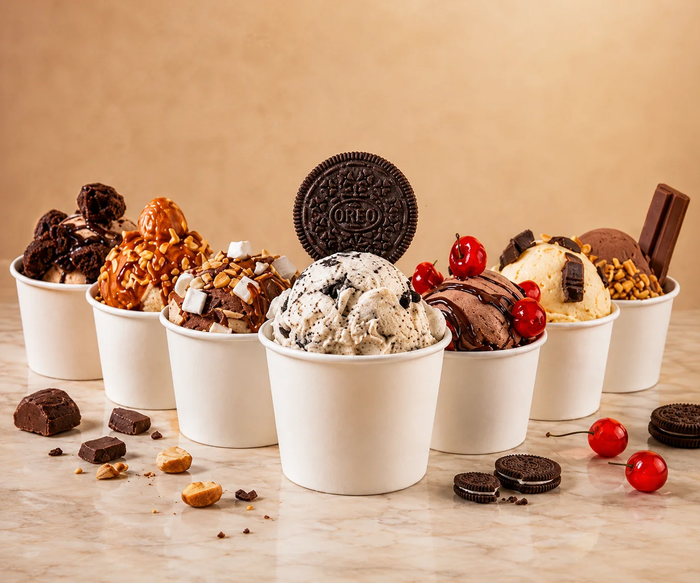 A variety of ice cream flavors served in cups, topped with different ingredients like nuts, cherries, and cookies.