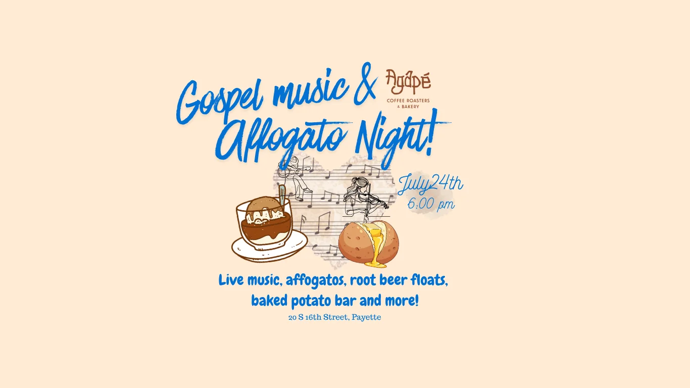 Gospel music event flyer featuring affogato and baked potato bar