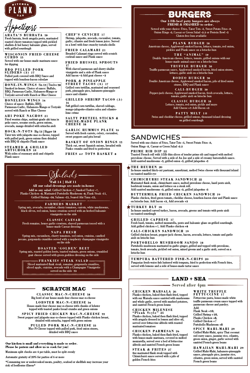 Diverse menu of American comfort food and burgers