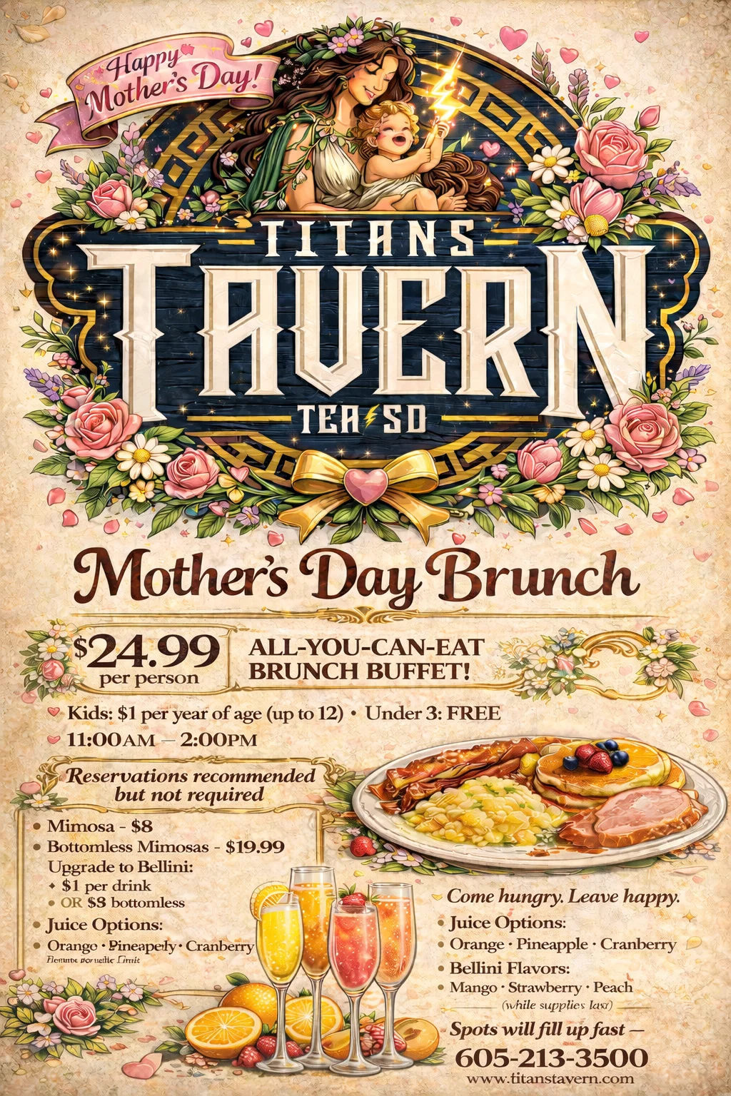 Mother's Day brunch setup at Titans Tavern with elegant table settings.