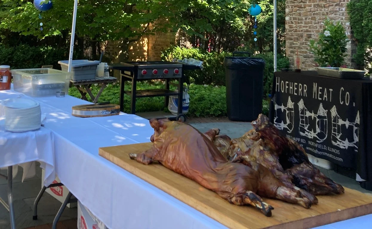 Whole roasted pig at an outdoor barbecue event