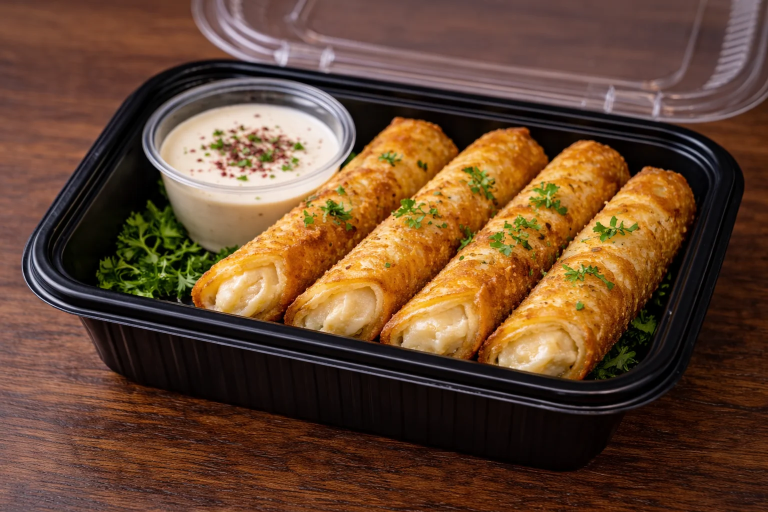 A portion of golden-brown fried rolls filled with cheese, presented in a black container alongside a small cup of dipping sauce, garnished with fresh parsley.