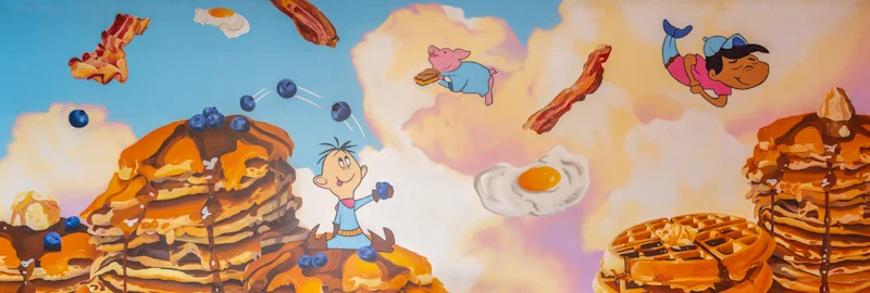 Whimsical mural featuring pancakes and playful characters