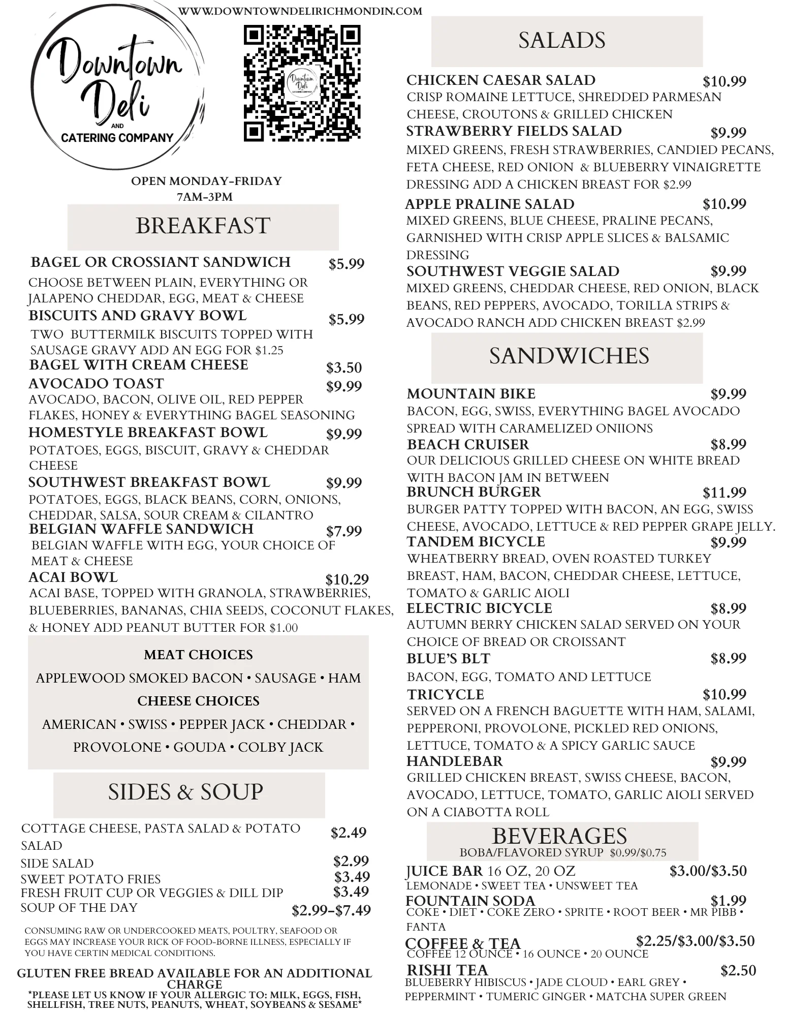 Catering menu featuring diverse breakfast and lunch options