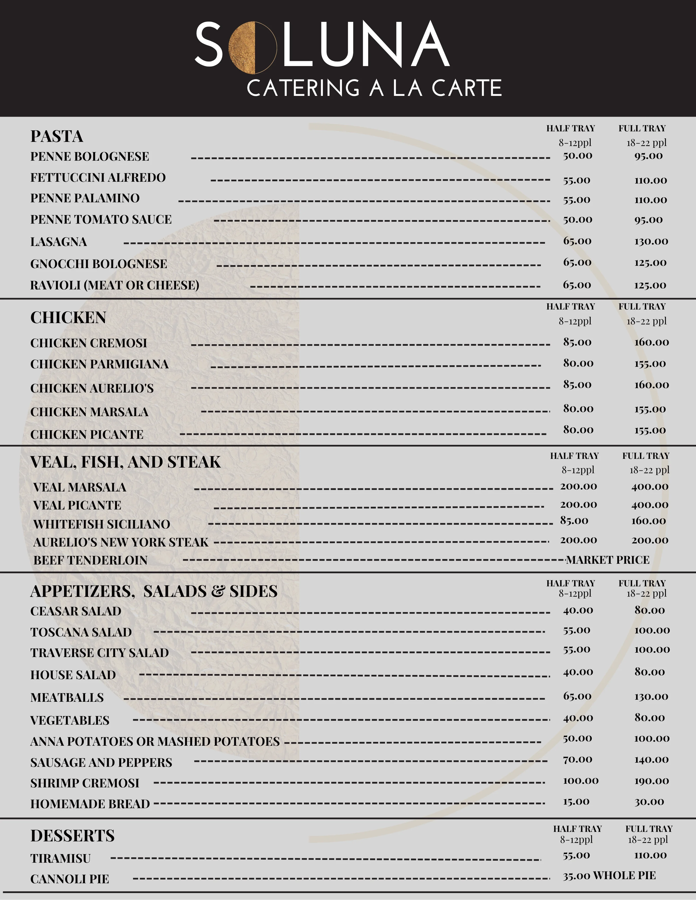 Catering menu featuring Italian pasta and chicken dishes