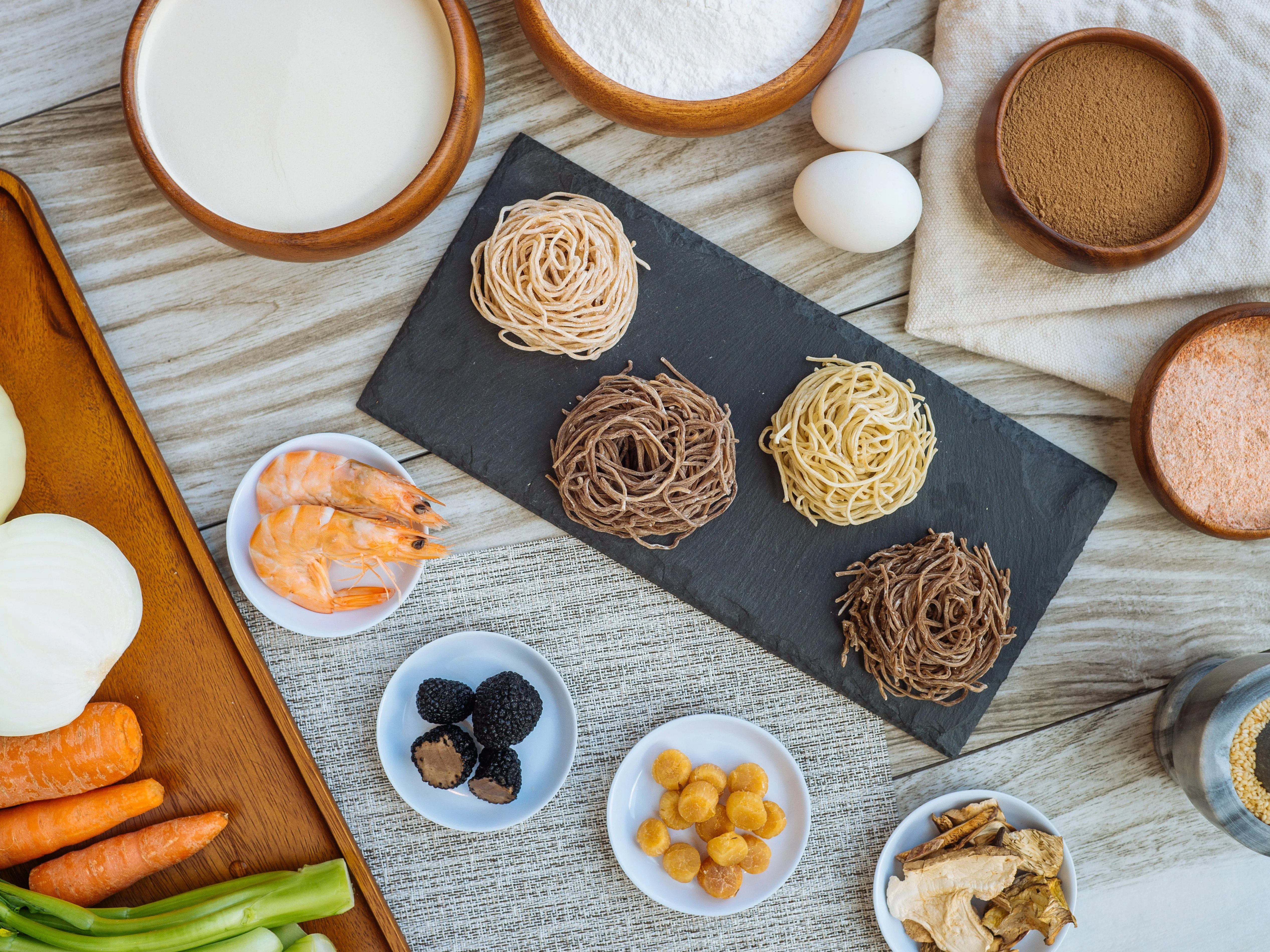Assorted noodle varieties and ingredients at Goma Tei Ramen