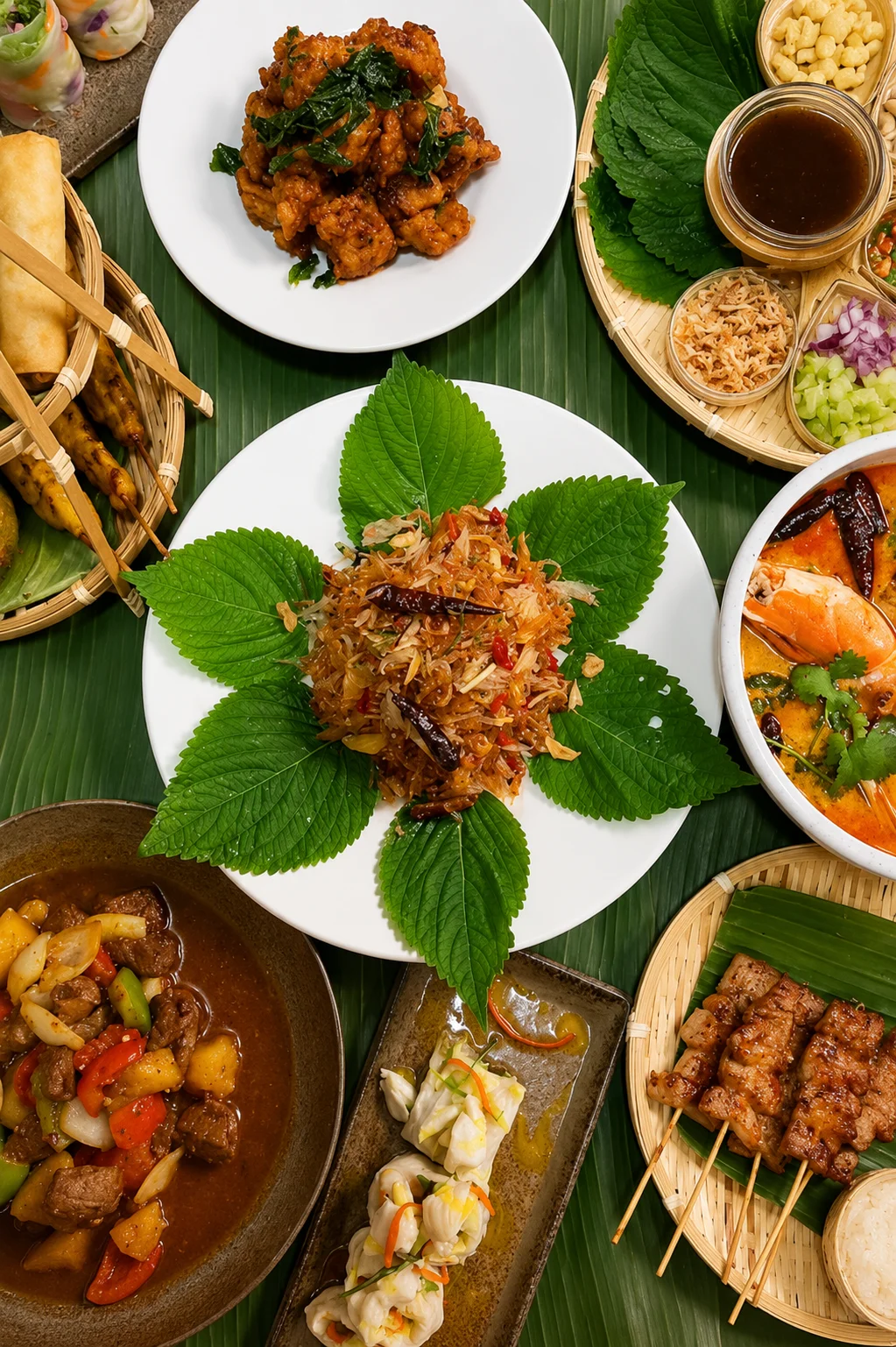 Assorted Thai dishes including pad thai and tom yum soup