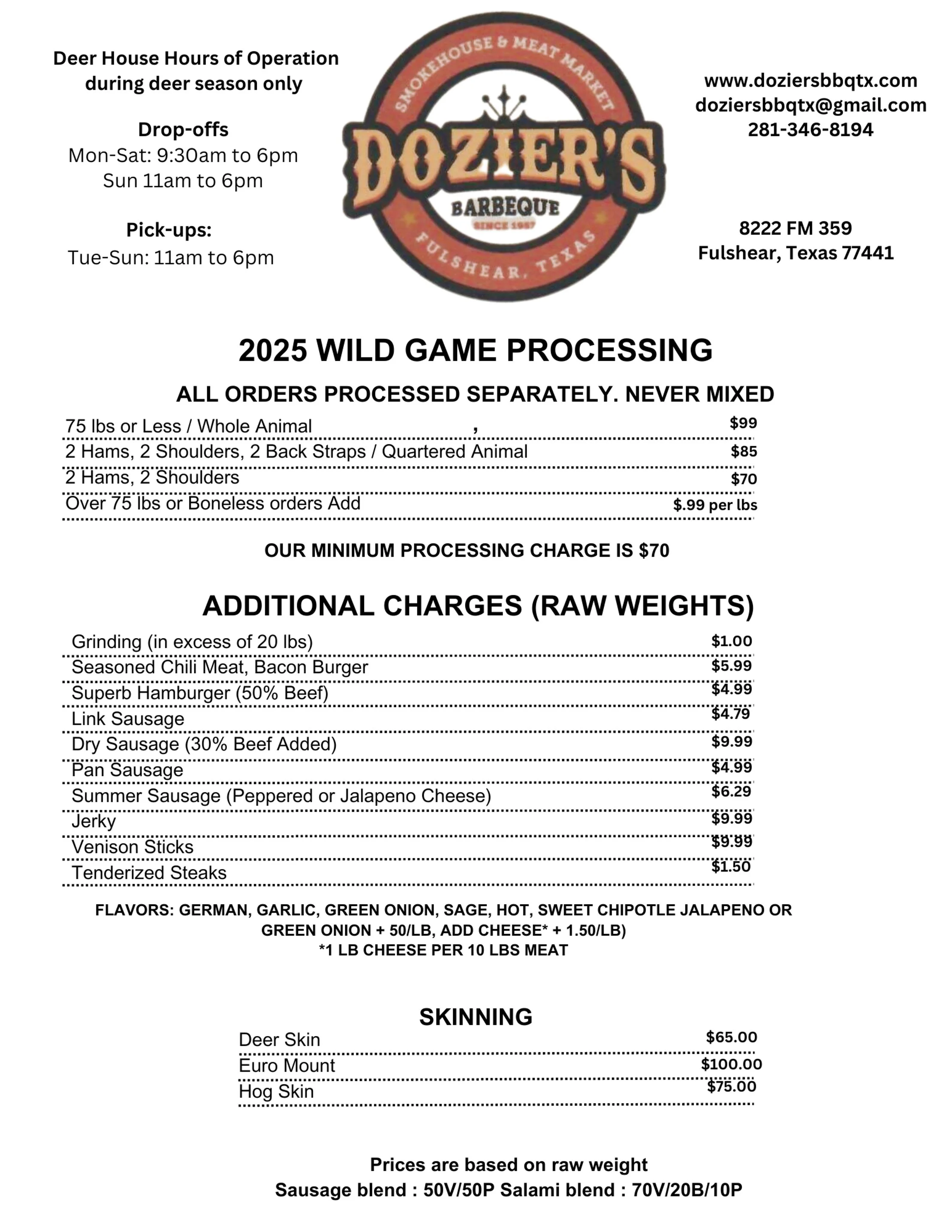 Wild game processing menu at Dozier's Barbecue in Fulshear, Texas