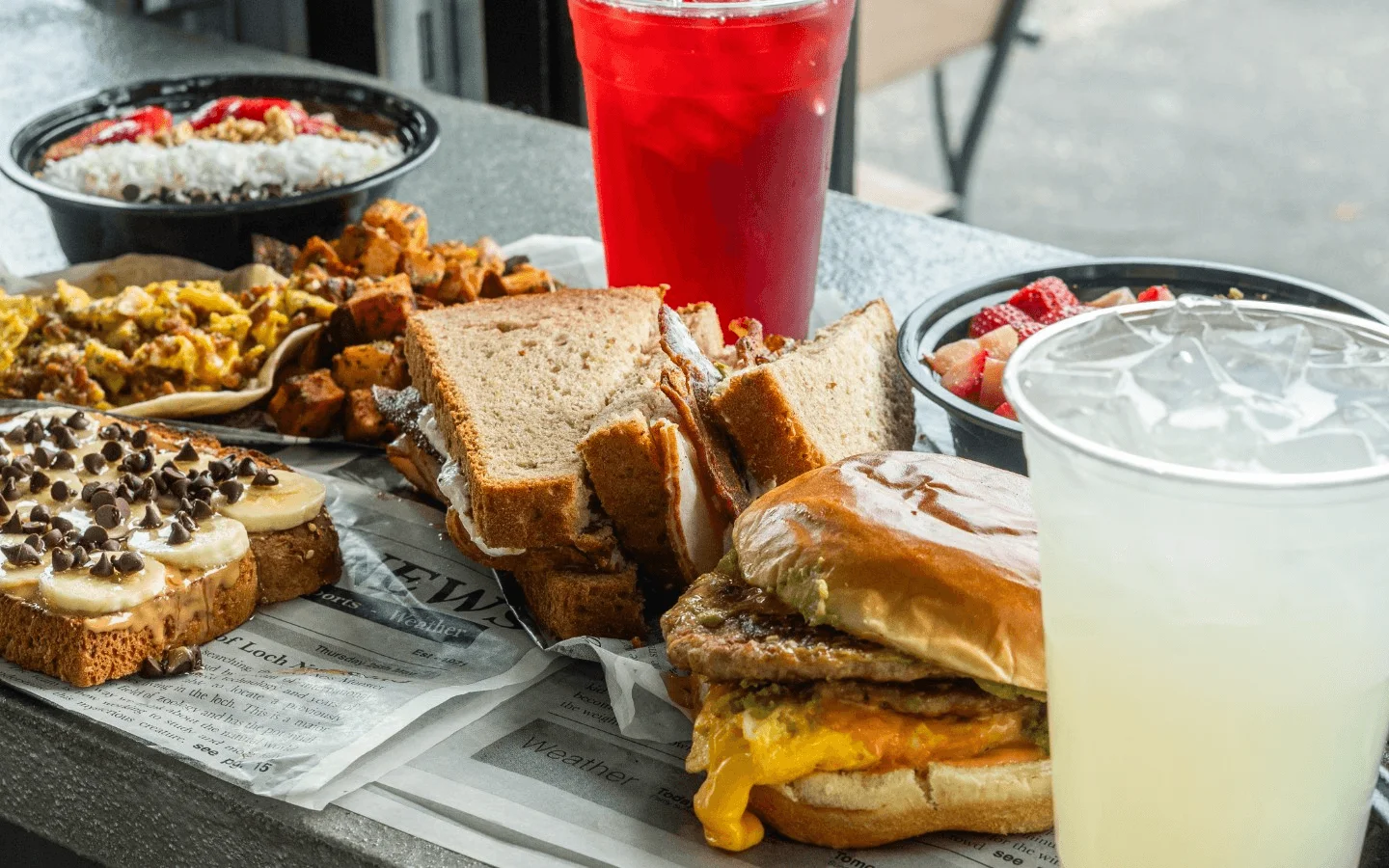 Hearty American breakfast platter with burgers and sides