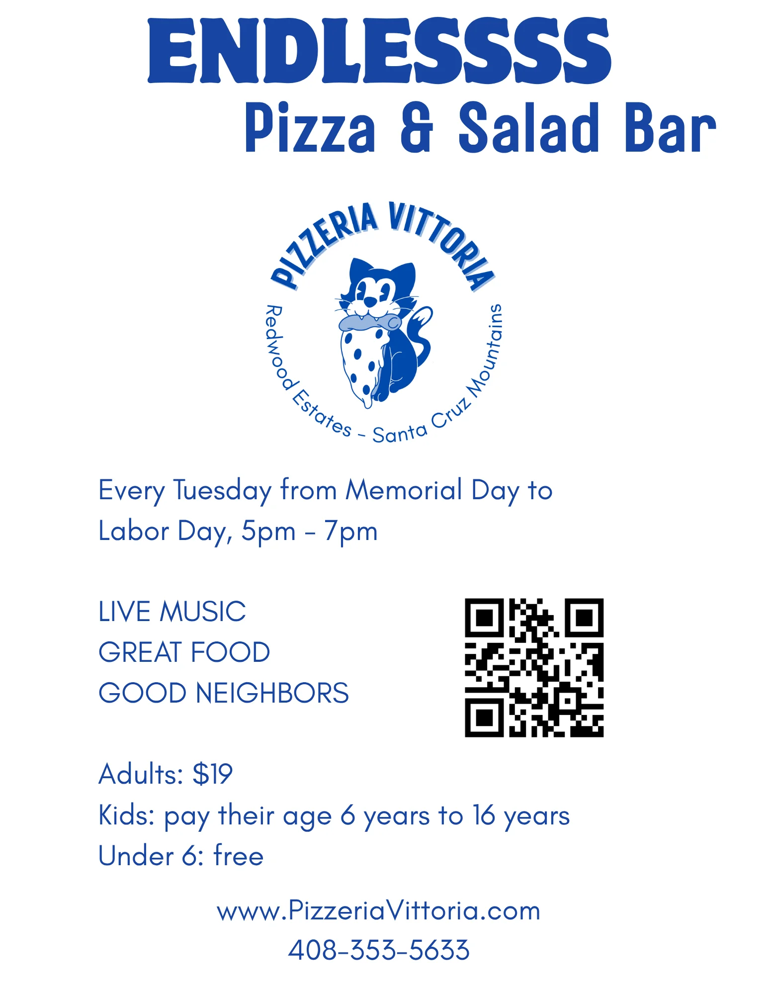 Promotional flyer for Pizzeria Vittoria's Endless Pizza & Salad Bar event.