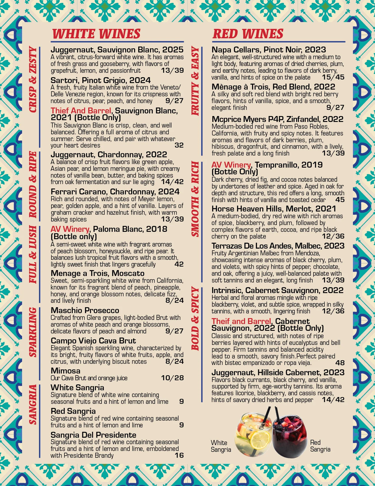 Wine menu featuring a selection of white and red wines