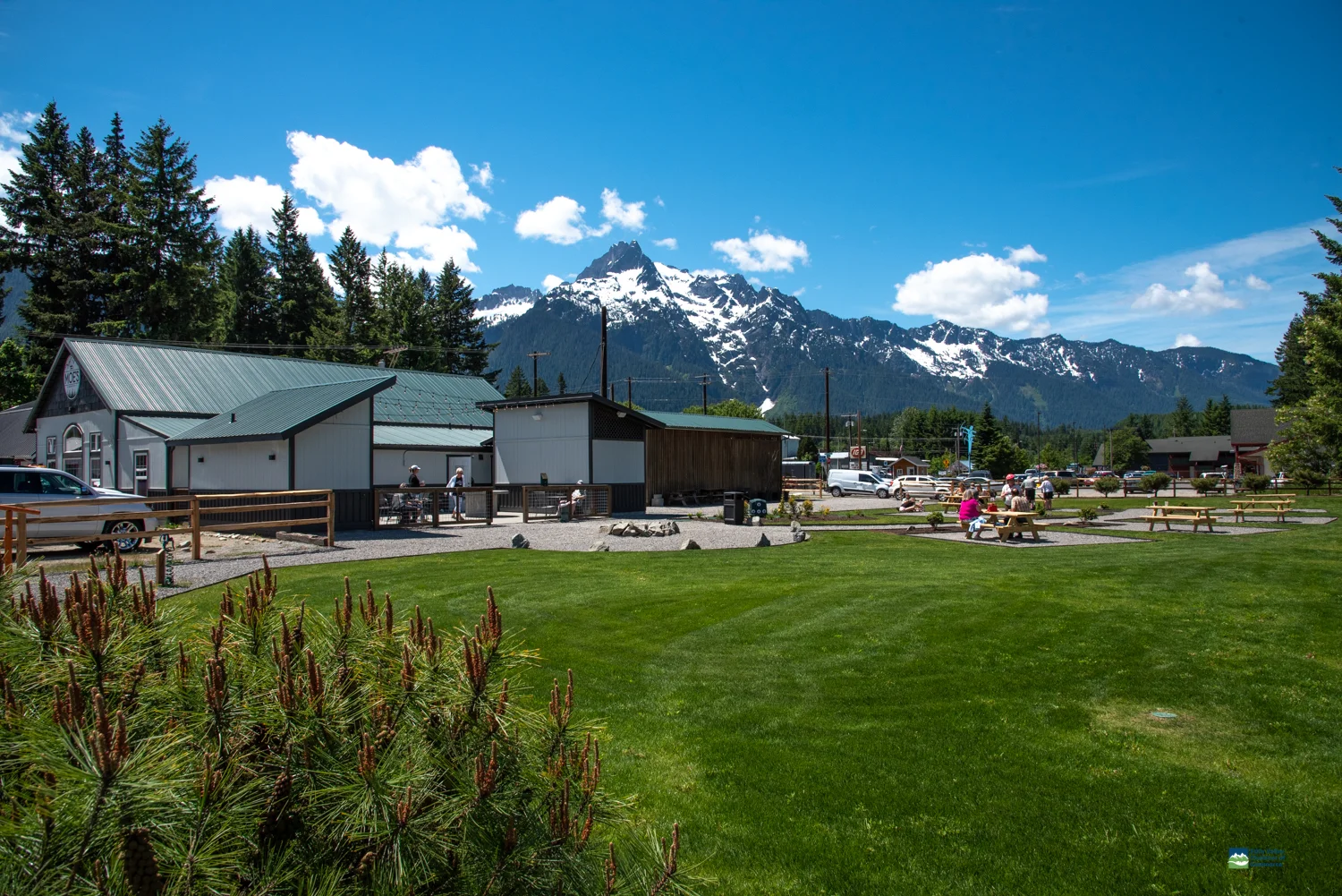 Scenic restaurant patio with mountain views and outdoor seating