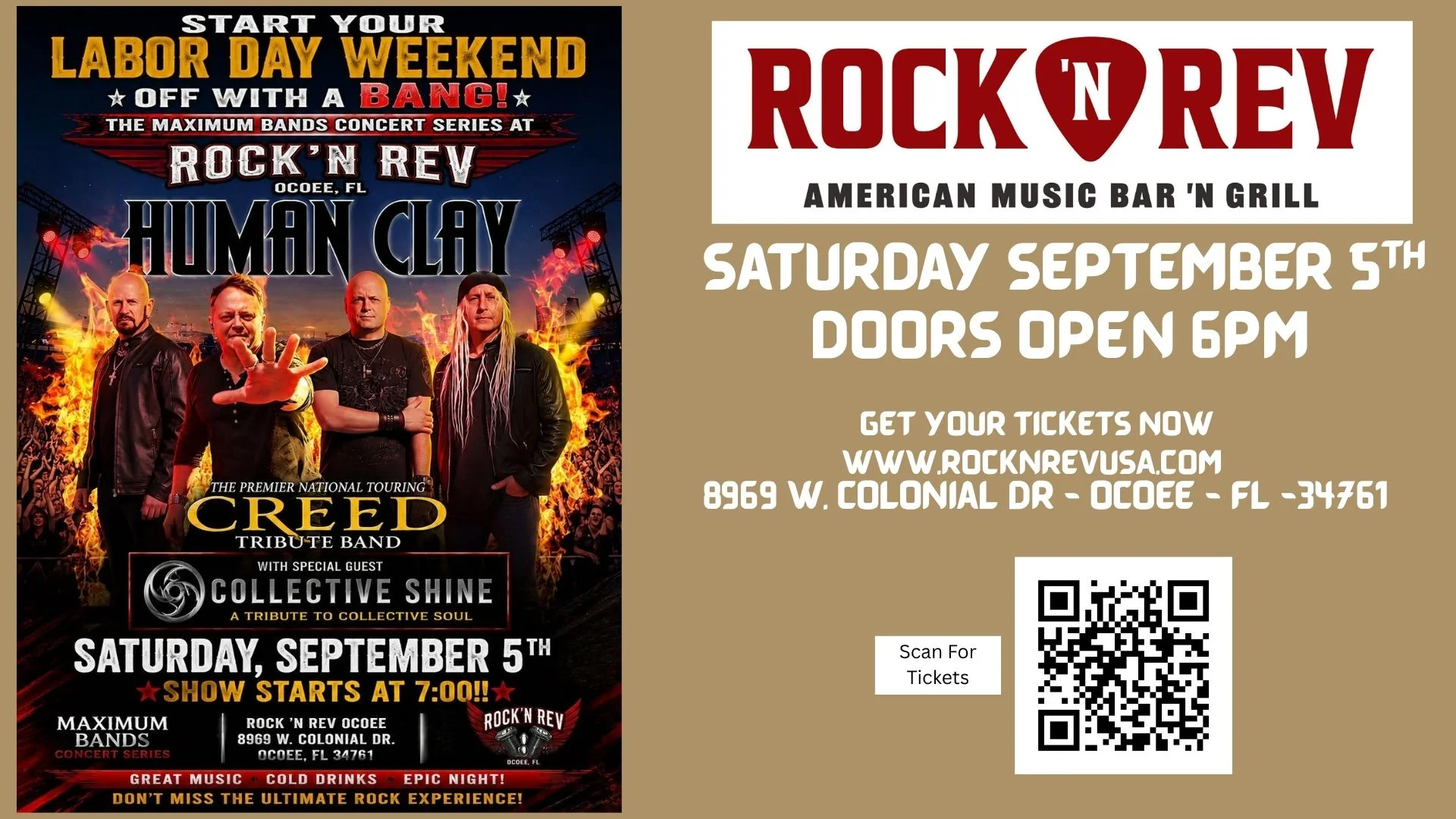 Promotional poster for a rock concert at Rock 'N Rev in Ocoee, FL