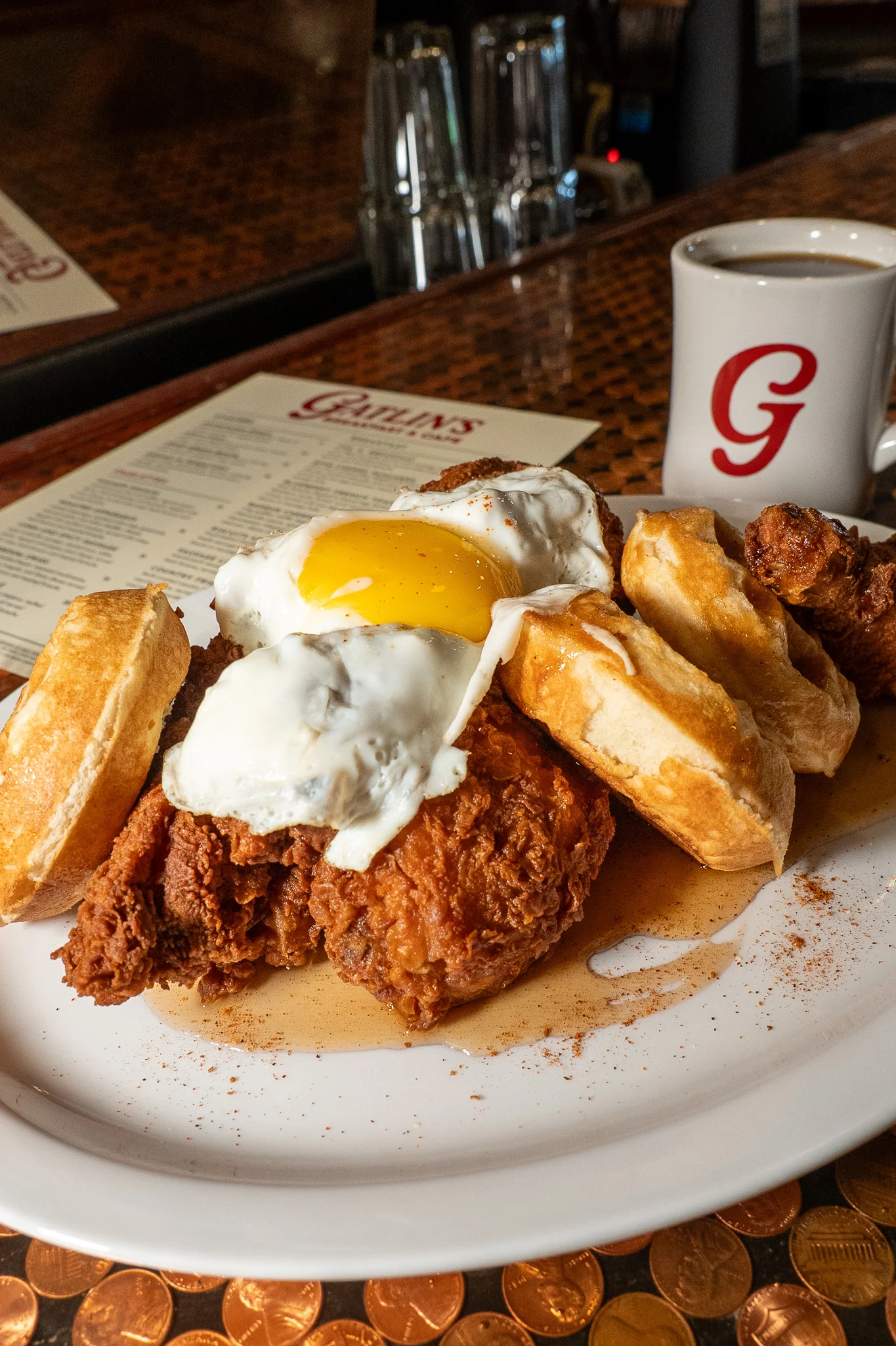 Southern chicken and waffles with fried egg