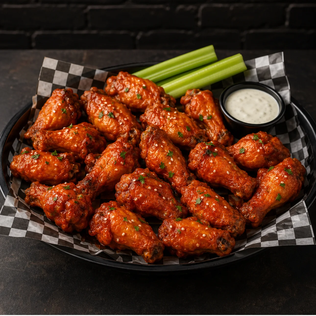 Crispy buffalo chicken wings served with celery and ranch dressing