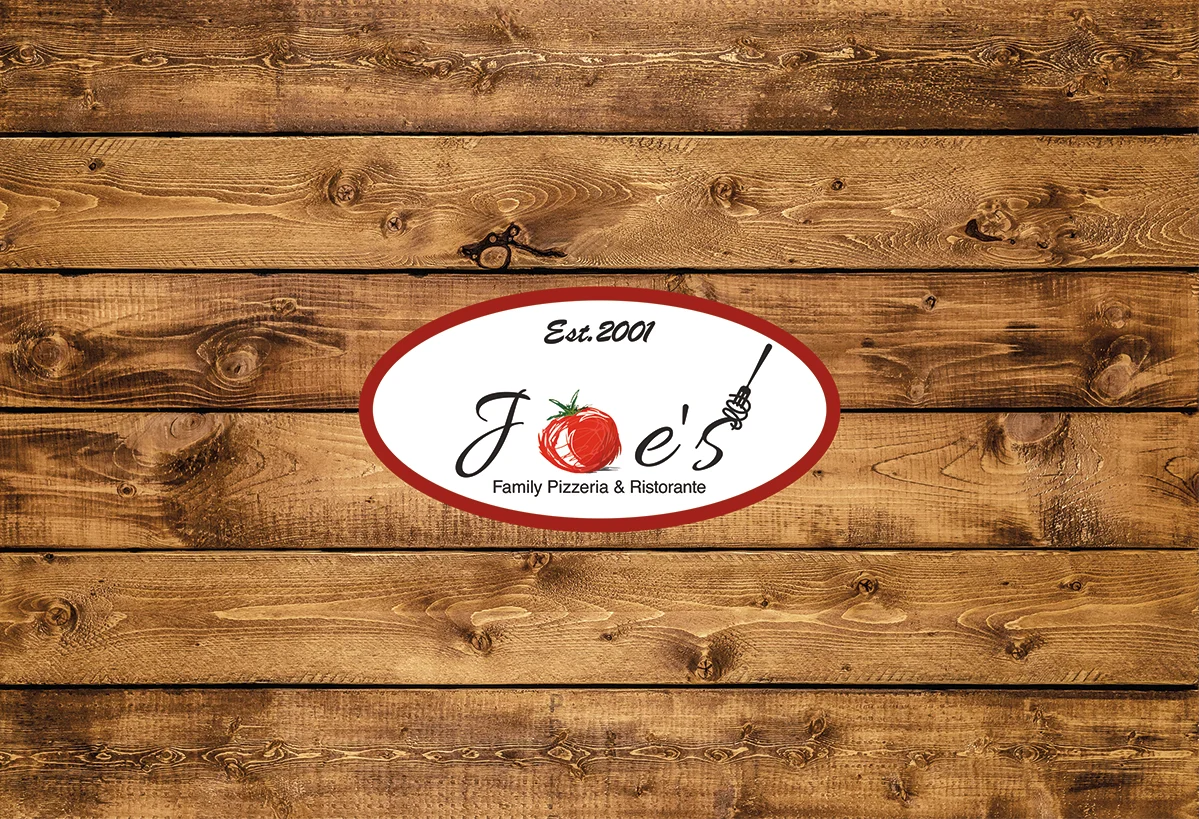 Logo of Joe's Family Pizzeria & Ristorante on rustic wood background