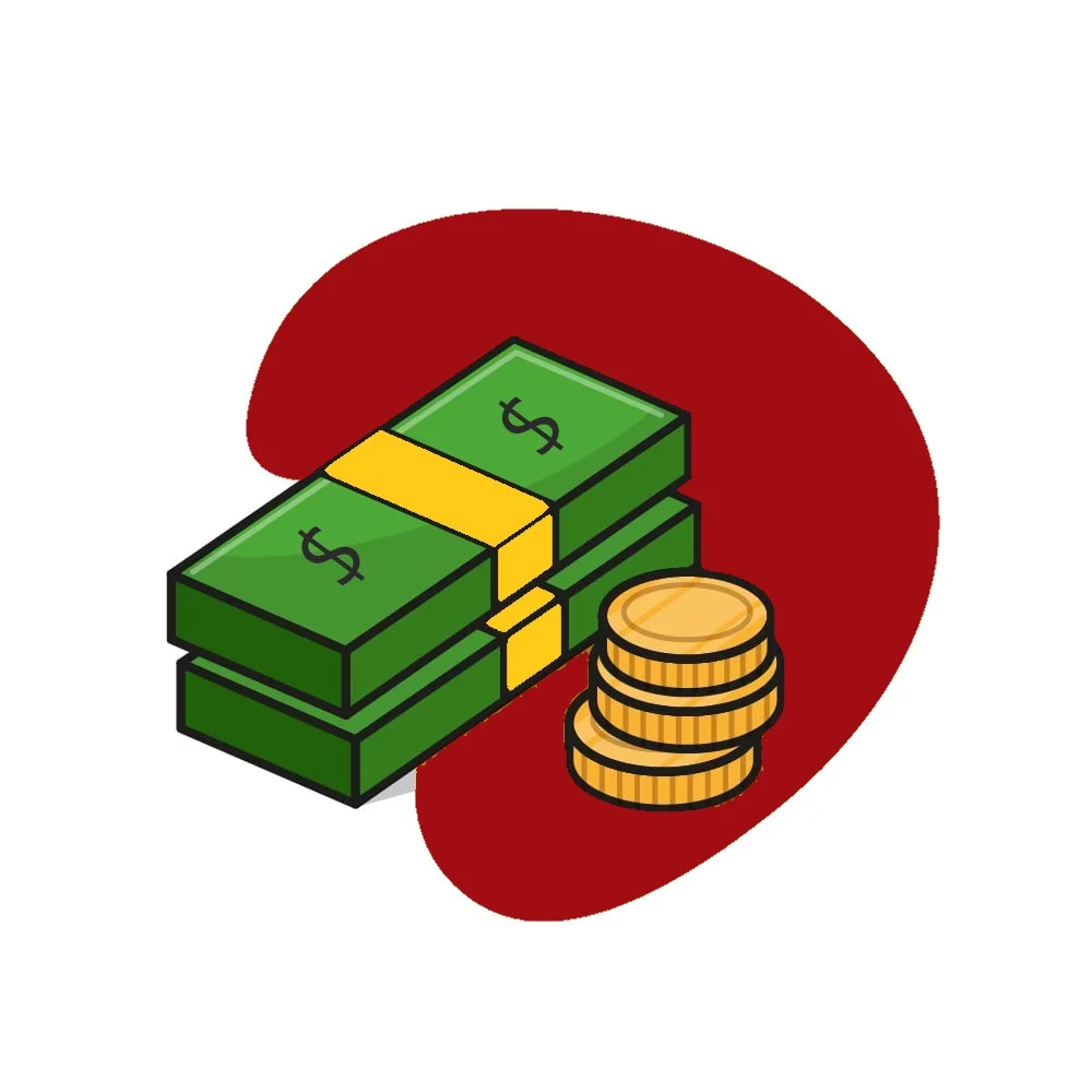 Illustration of cash bundles and coins on a red background