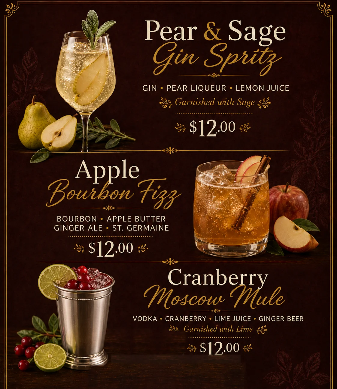 Cocktail menu featuring three signature drinks at a stylish bar