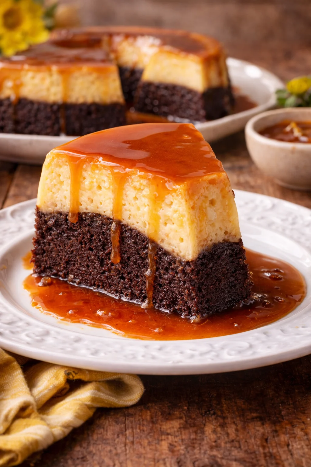 A slice of cake with a layered structure, featuring a yellow top and dark chocolate base, drizzled with caramel sauce, served on a decorative plate.