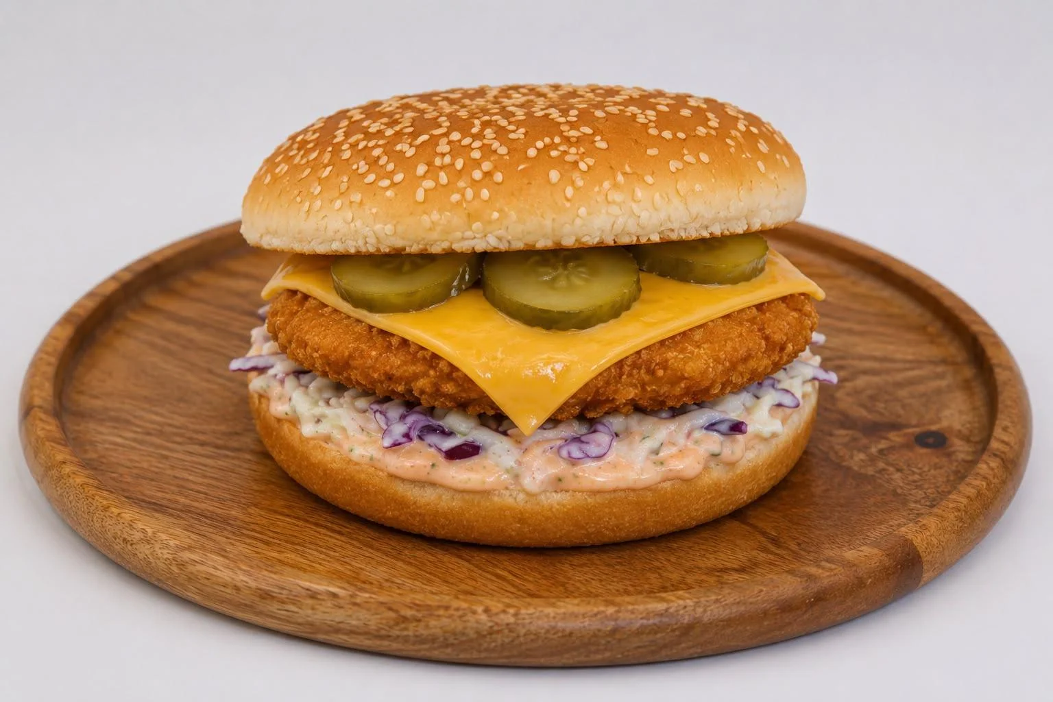A crispy chicken burger features a fried chicken patty, cheddar cheese, and pickle slices, all nestled in a sesame seed bun. It's served on a round wooden plate.