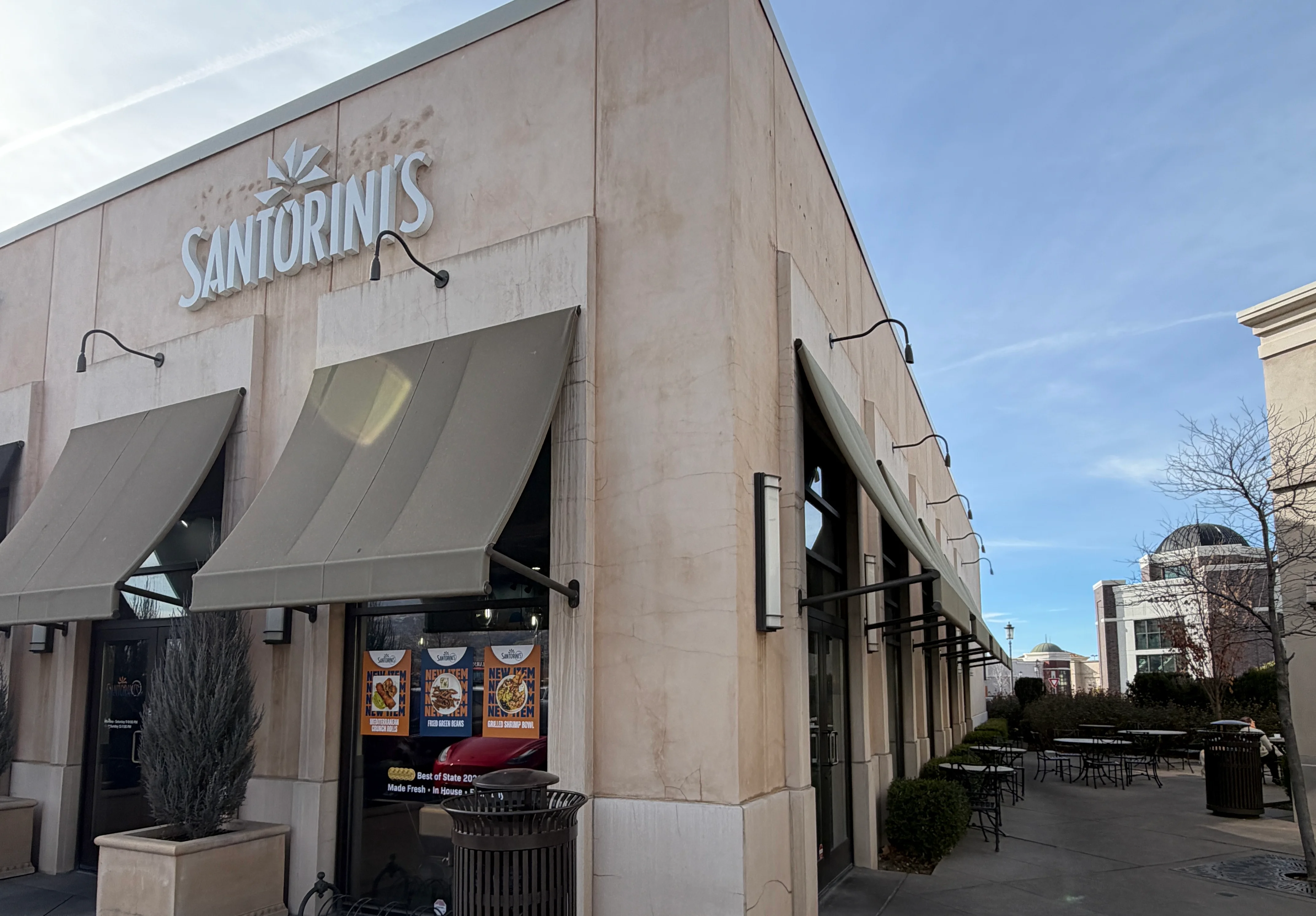 Santorini's Greek Grill exterior at Station Park in Farmington Utah