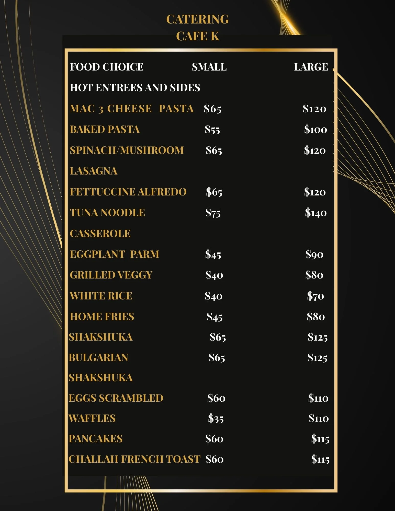 Elegant catering menu design for Cafe K with gold accents and contact information.
