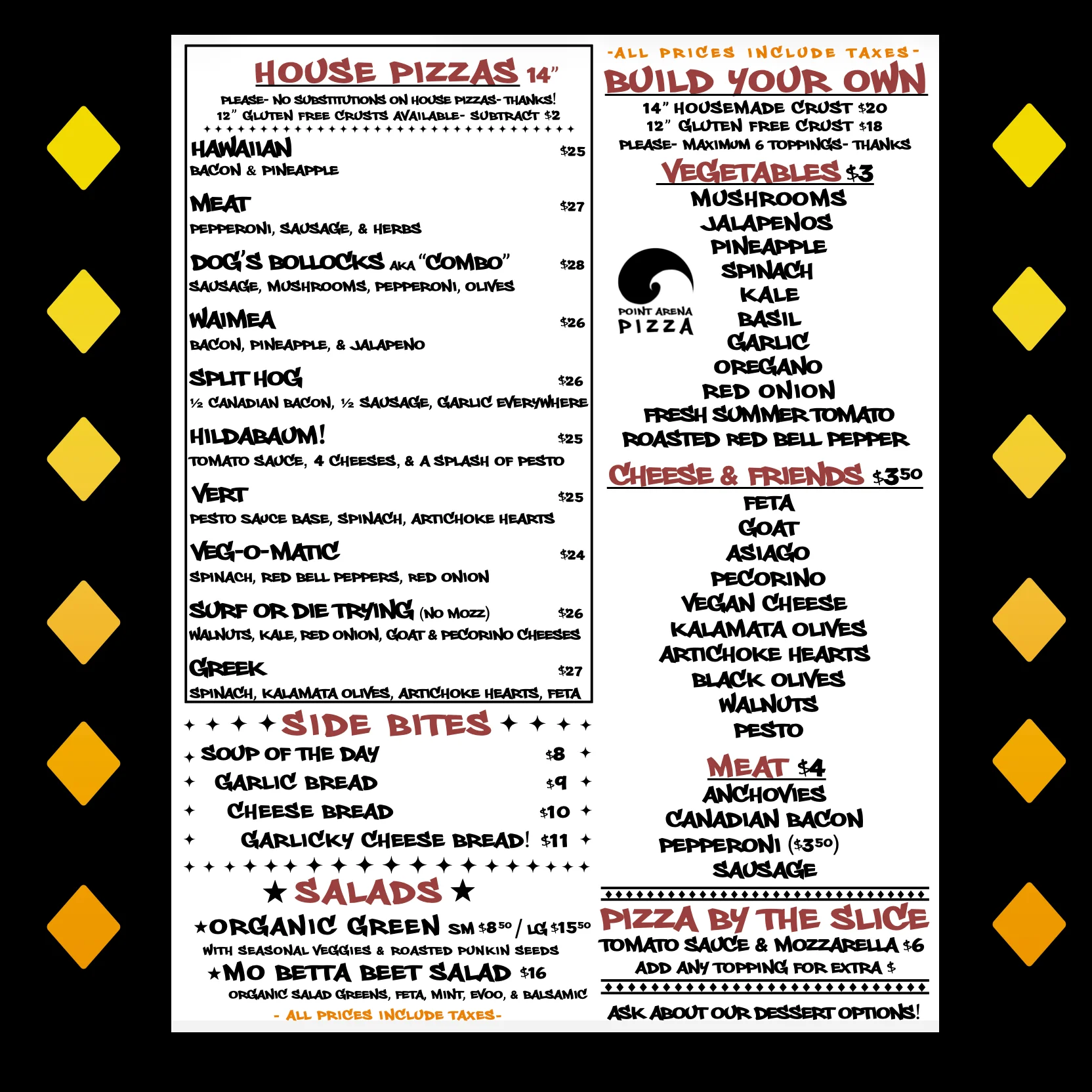 Menu featuring a variety of pizzas and drinks at a casual pizzeria