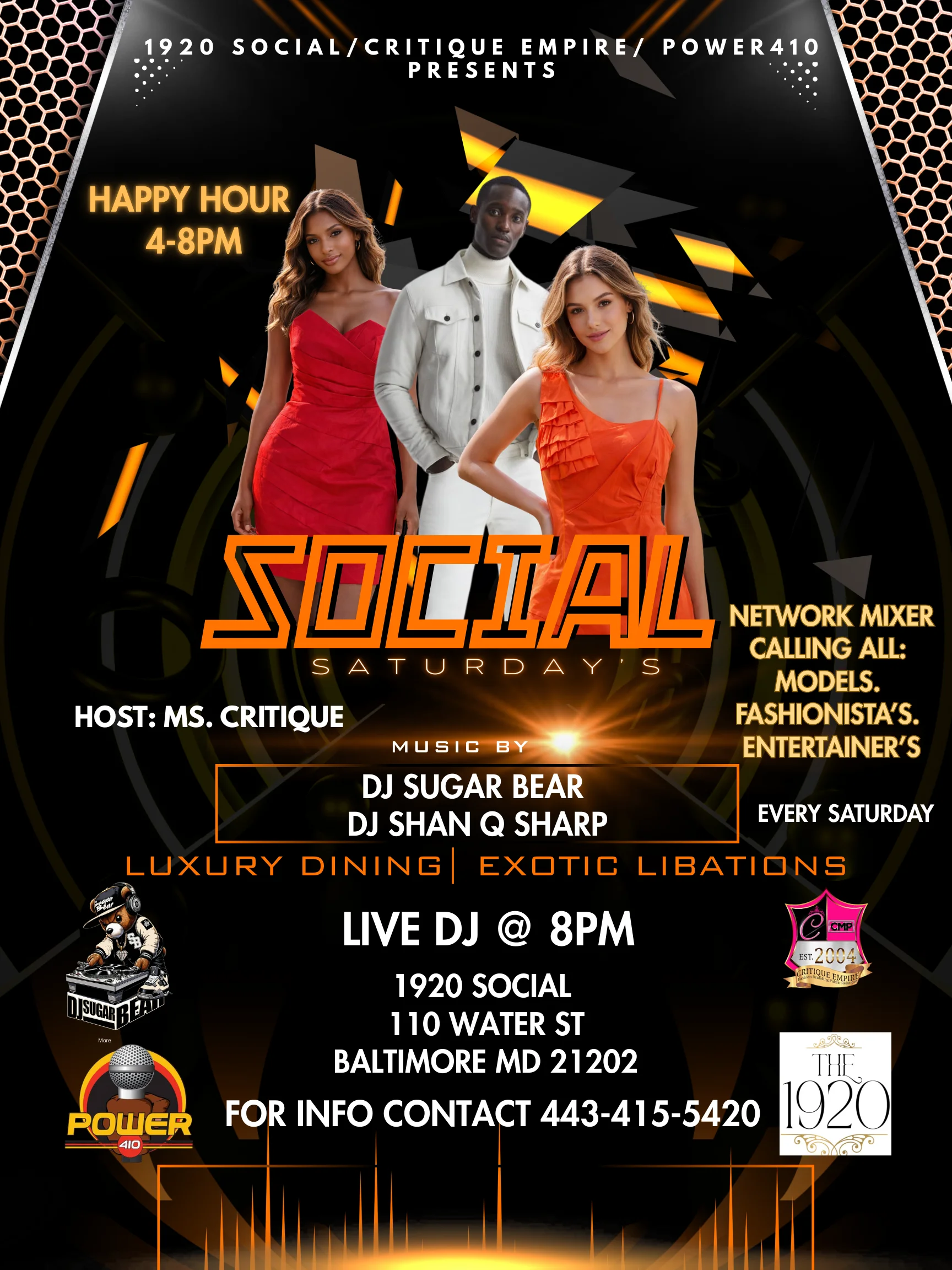 Promotional flyer for Social Saturdays at 1920 Social in Baltimore