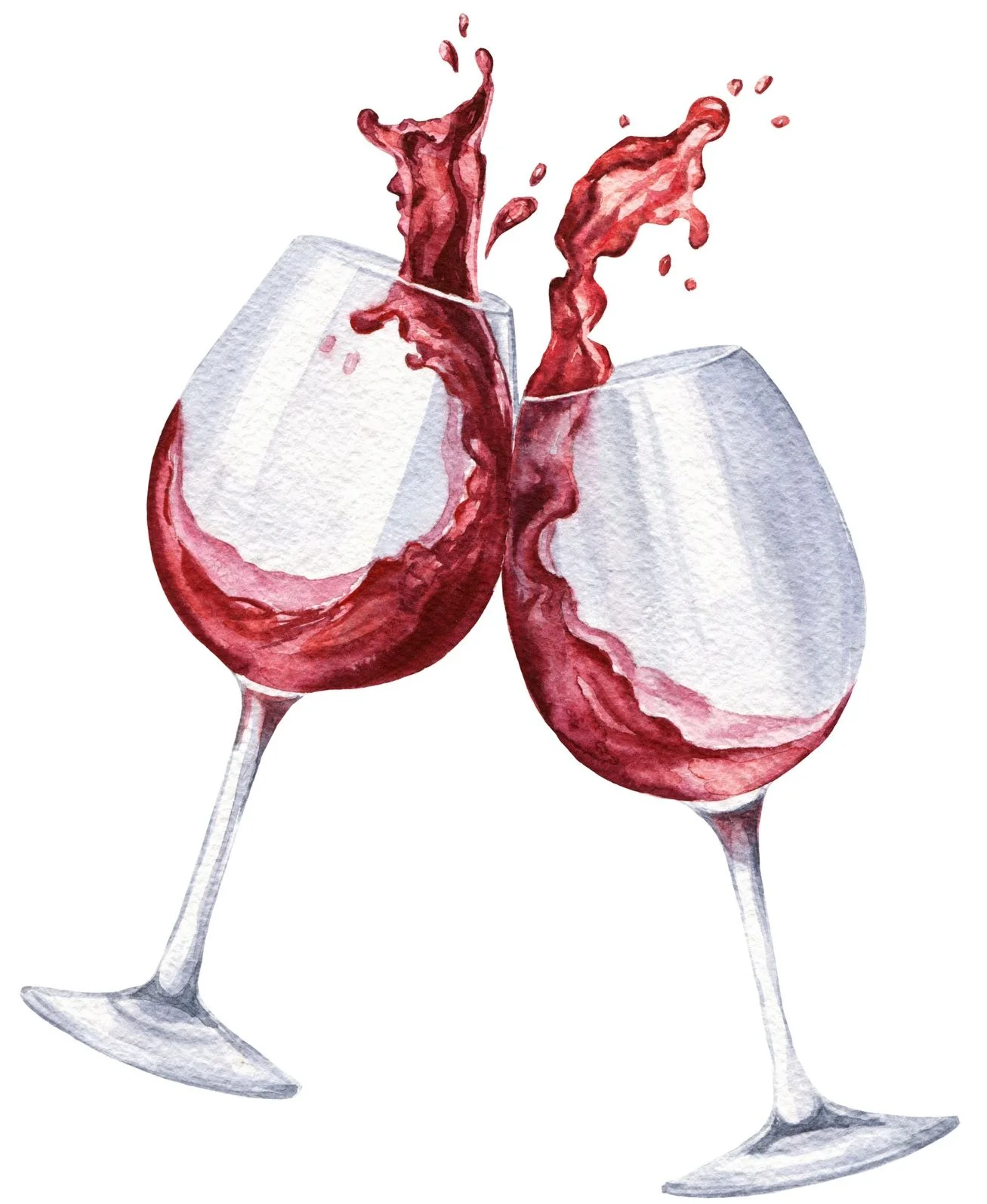 Clinking wine glasses with red wine splashing