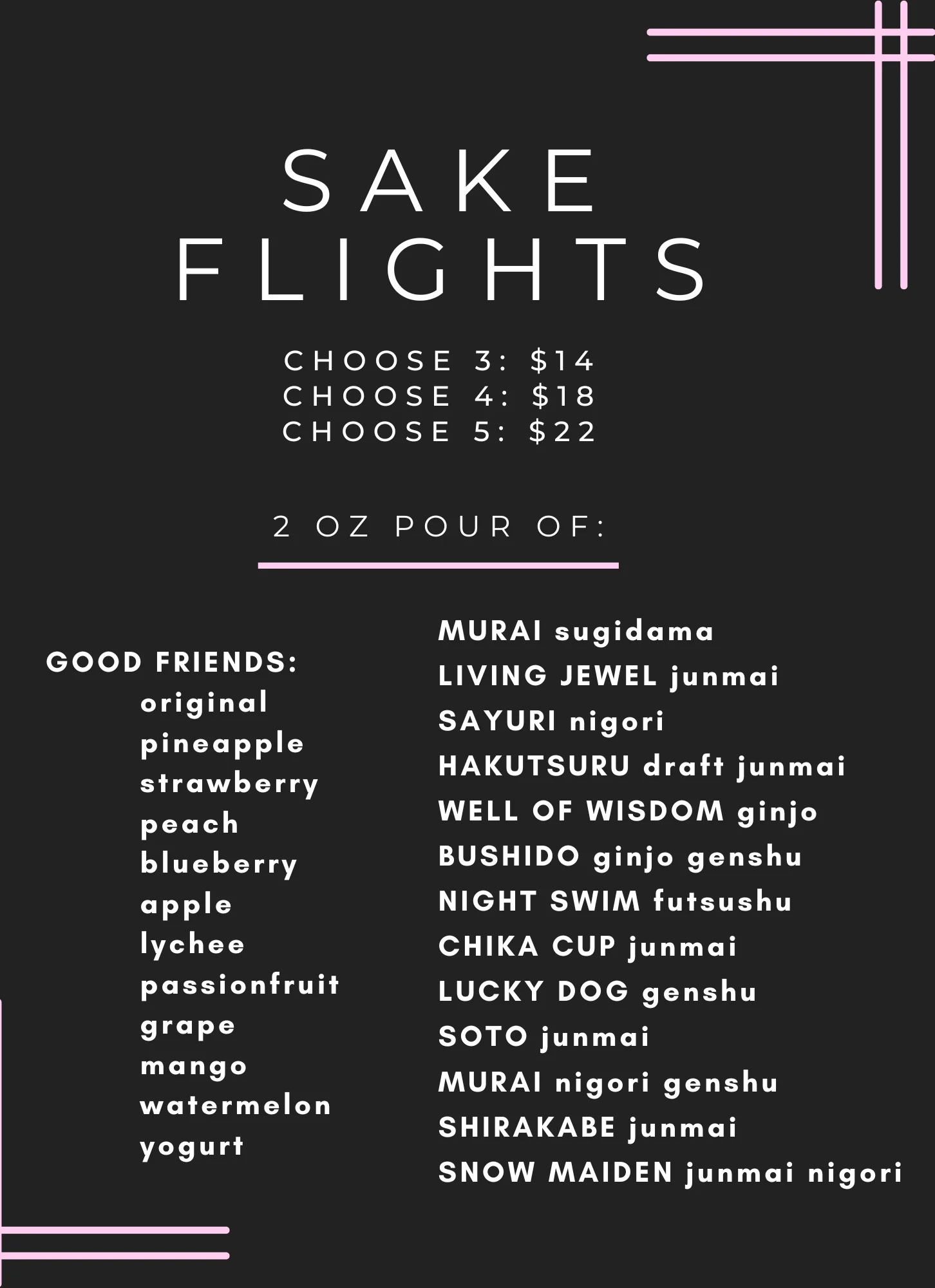 Sake flight menu featuring various sake options
