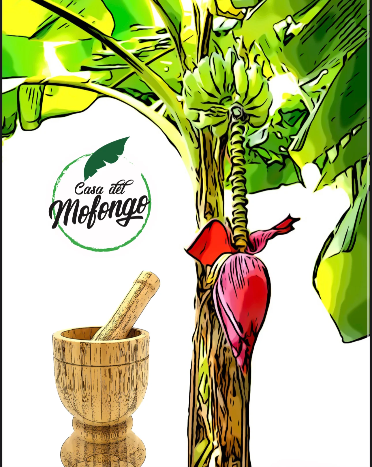Banana plant and mortar for making mofongo