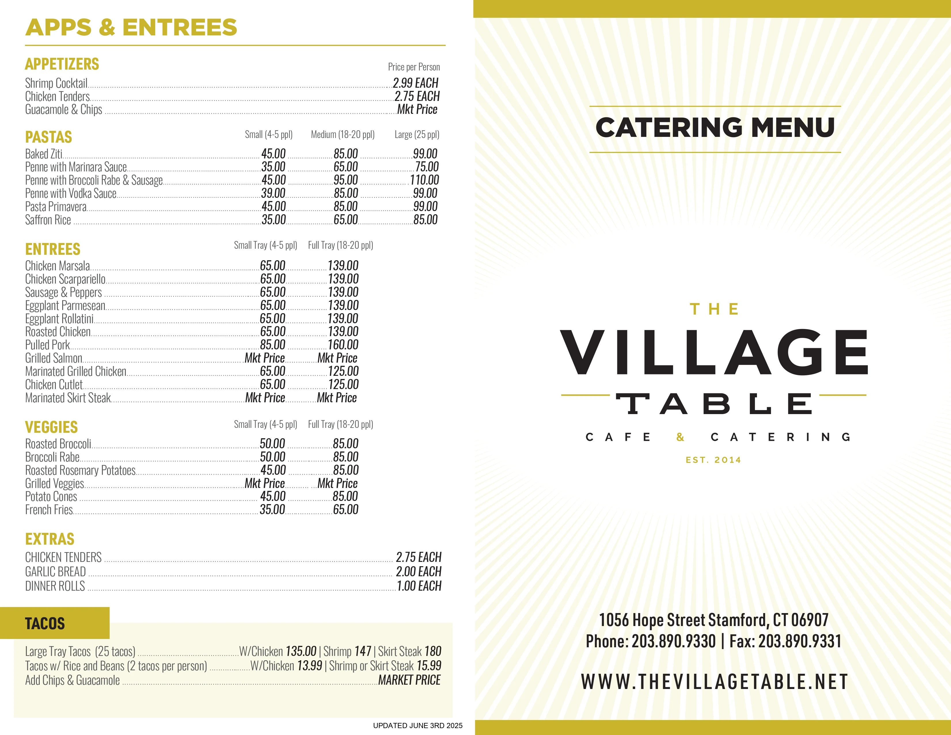 Catering menu showcasing various food options and pricing.