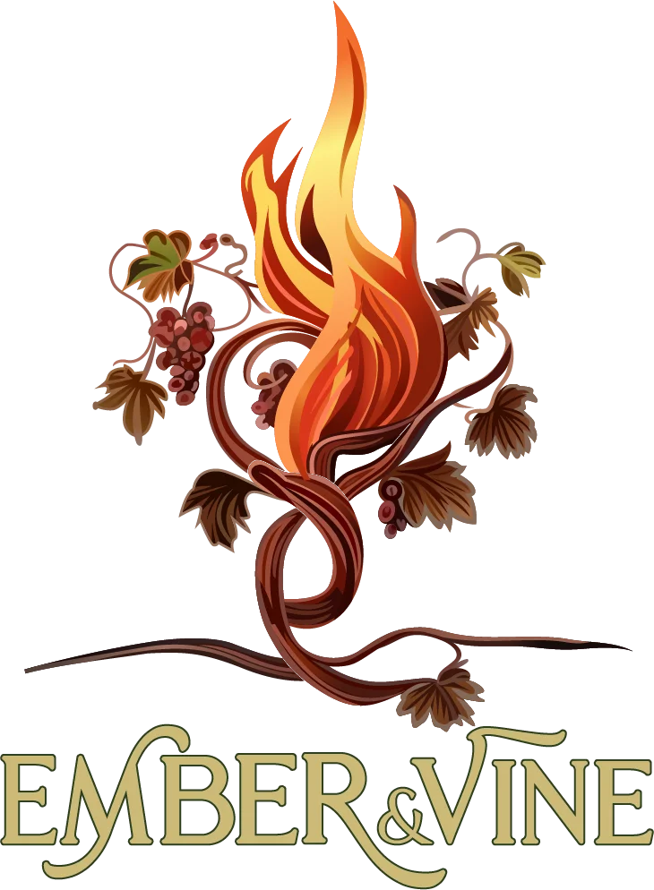 A stylized logo featuring a flaming vine intertwined with grape leaves and clusters, emphasizing a connection between warmth and nature.
