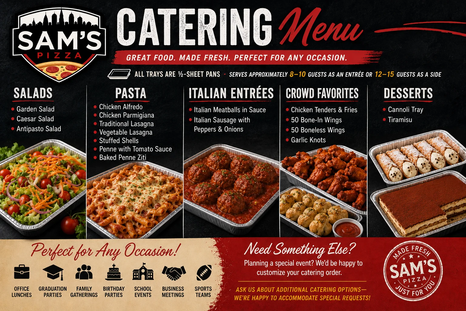 Catering menu featuring Italian pasta and salads for events