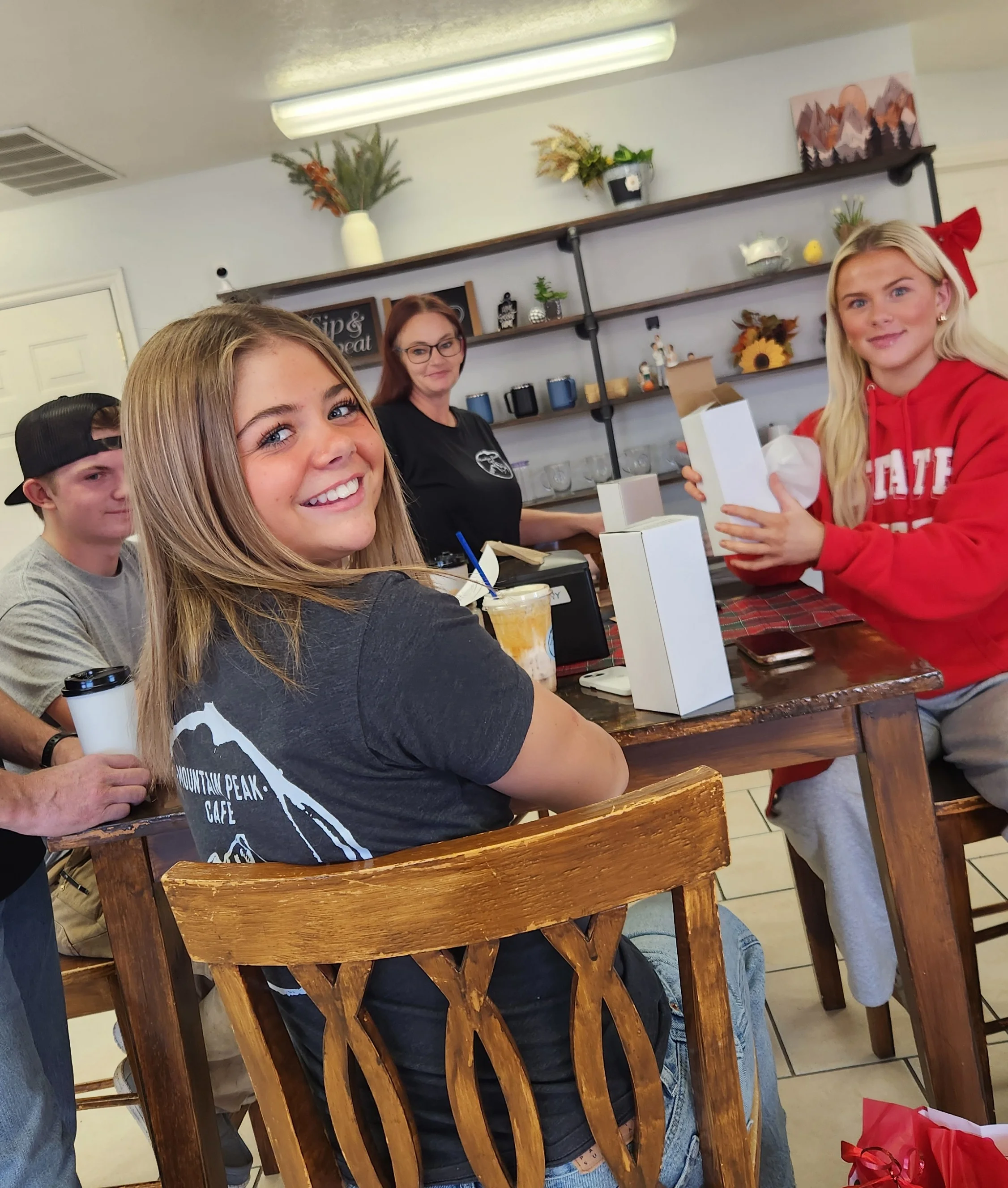 Cozy café interior with smiling customers and warm ambiance