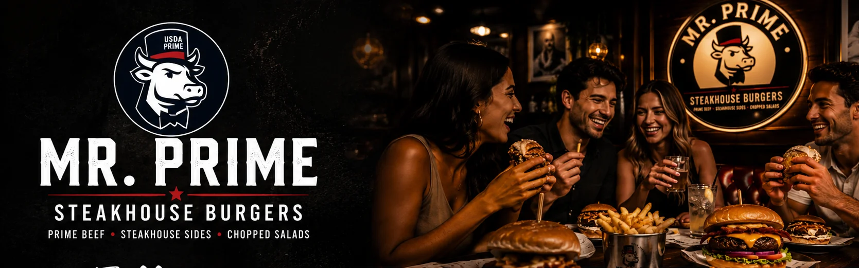 Mr. Prime Burger VIP Club promotional image featuring delicious burgers.